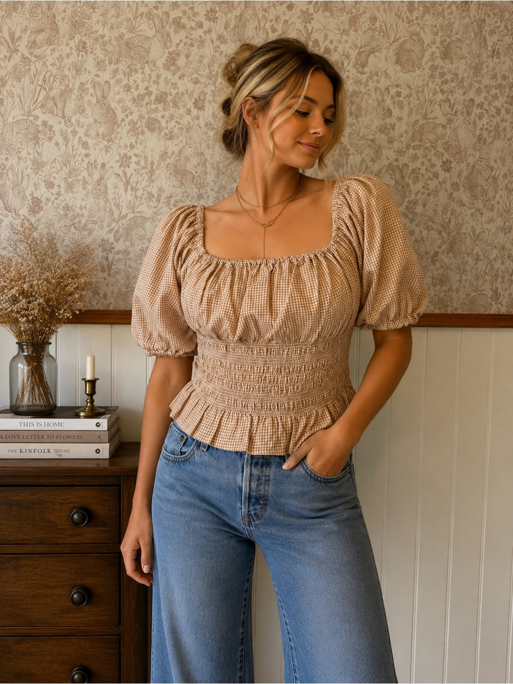 Smocked Square Neck Puff Sleeve Top in Brown Gingham